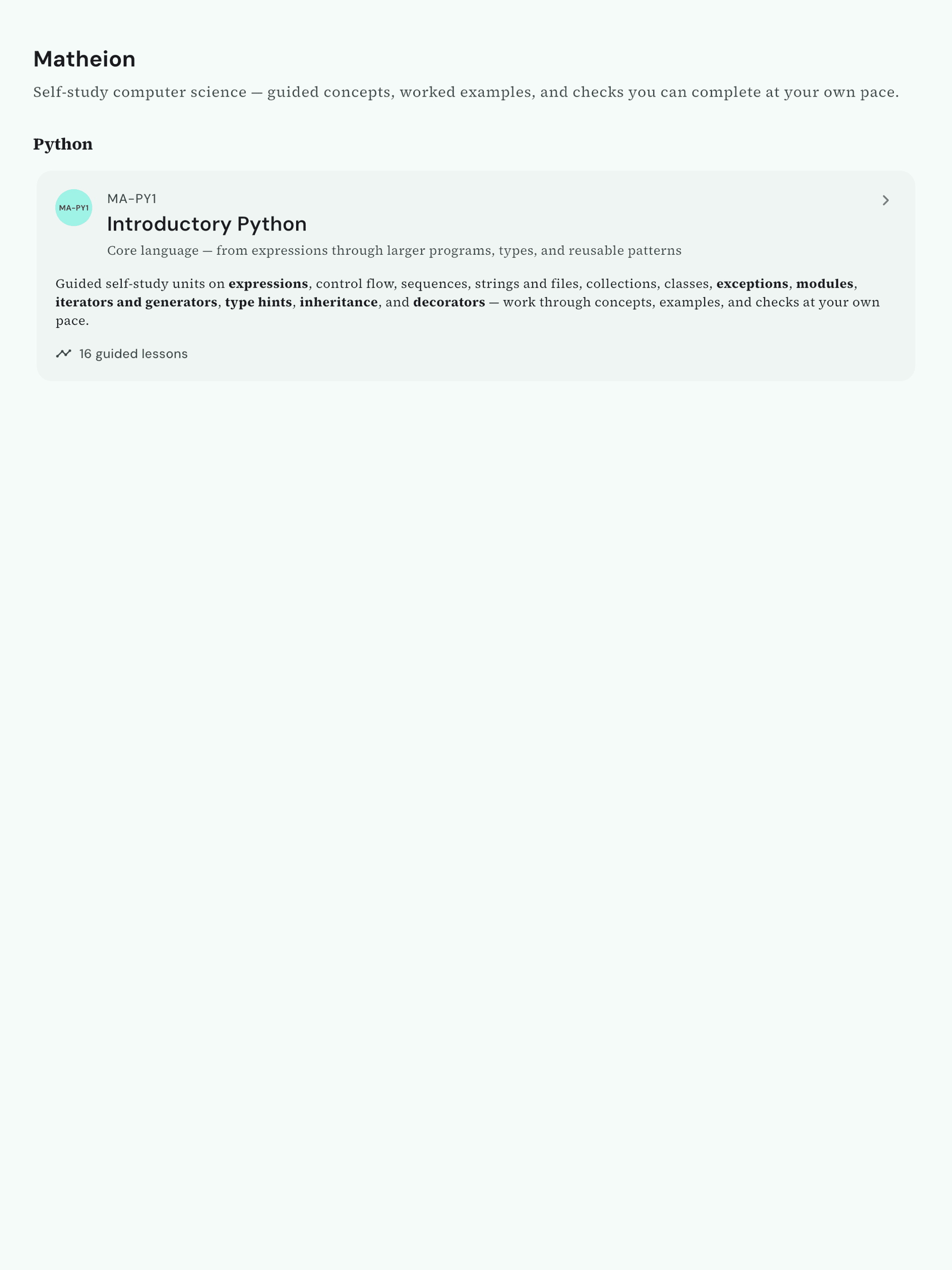 Matheion home screen showing Introductory Python course