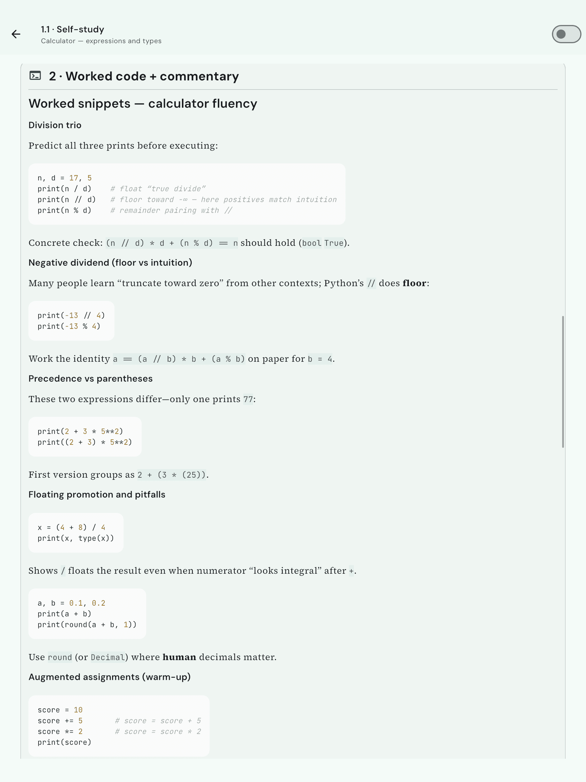 Worked code examples with syntax highlighting