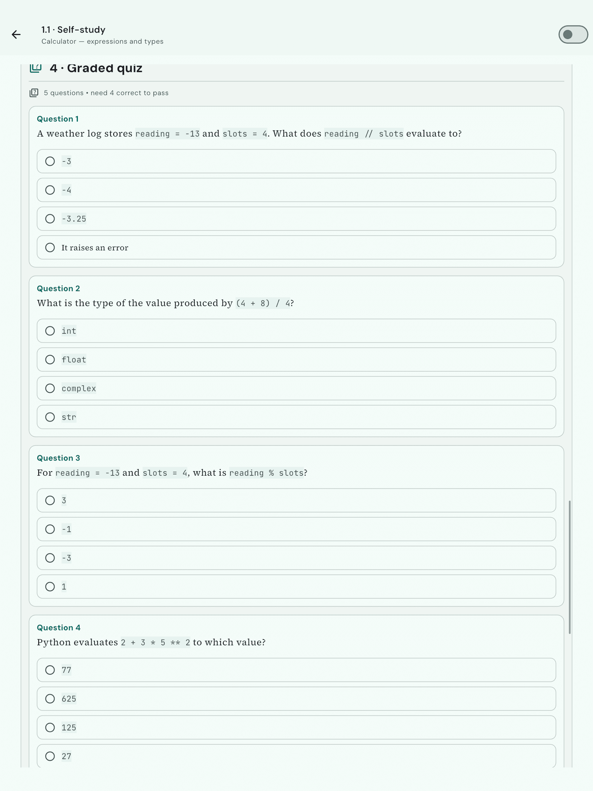 Graded multiple-choice quiz with score